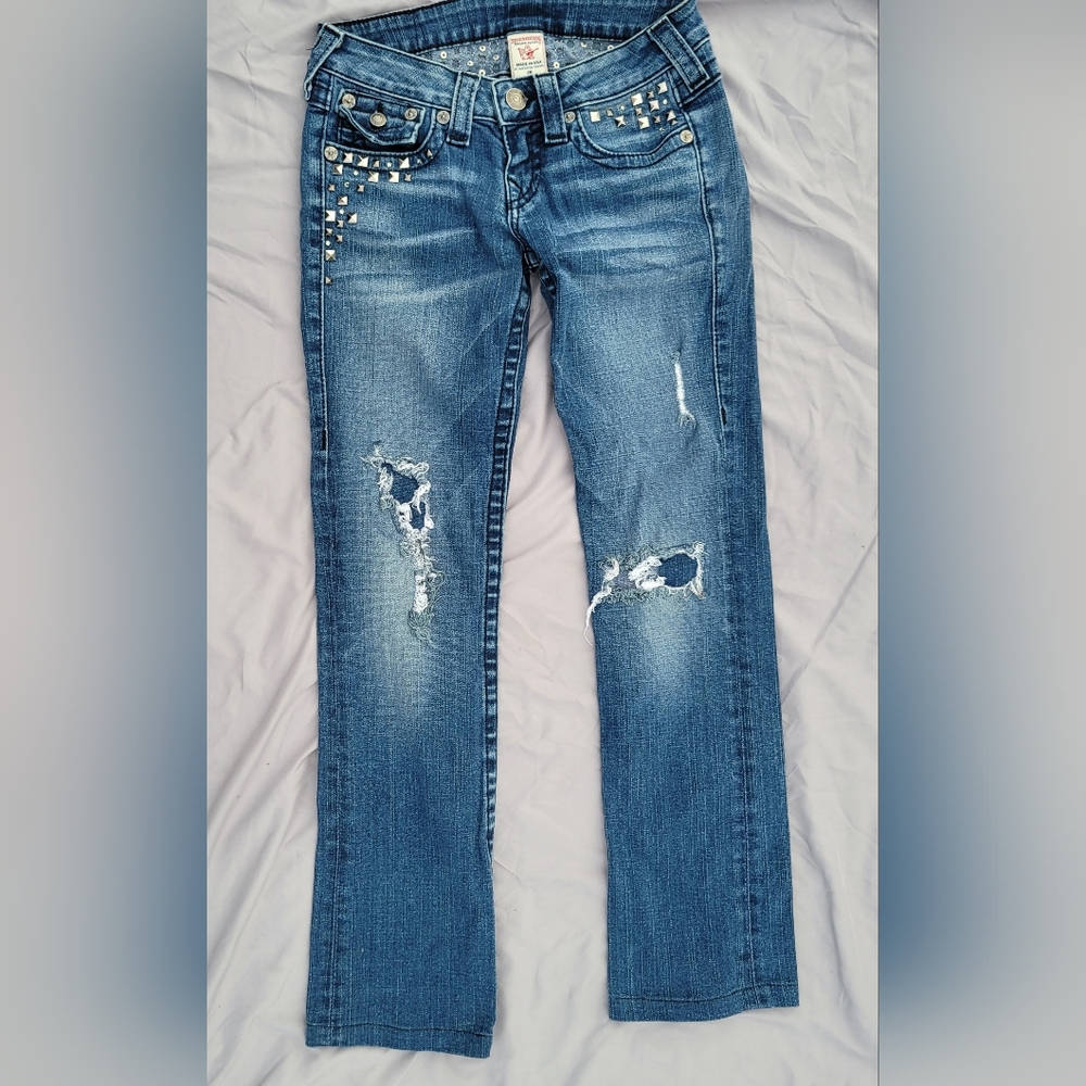 True Religion Blue Straight Leg Jeans with Studded Details